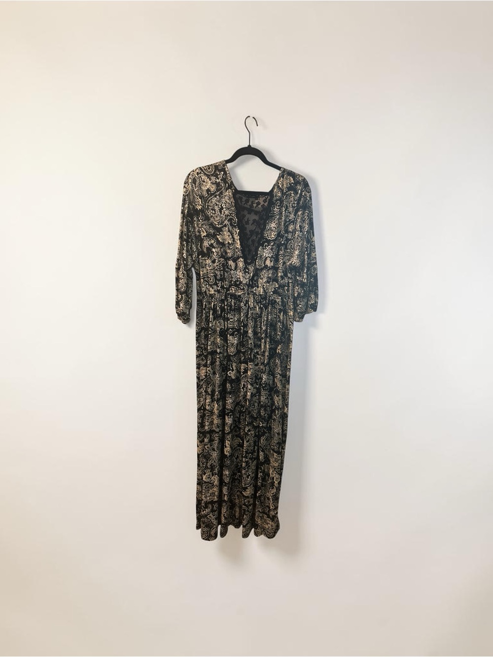 One World XL Paisley Boho Maxi Dress Lace V-Neck 3/4 Sleeve Black Gold - Picture 6 of 6